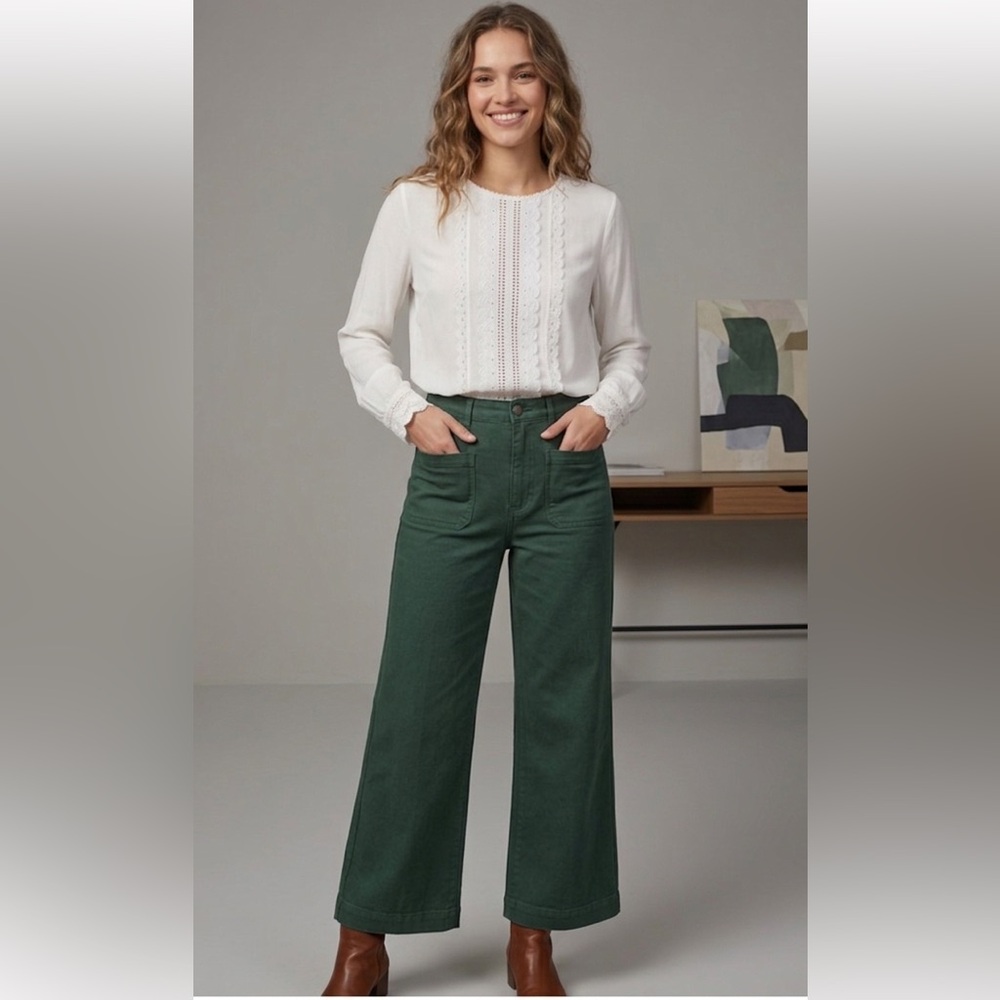 Long Sleeve Off White Flowy Blouse with High Neck and Broderie anglaise
